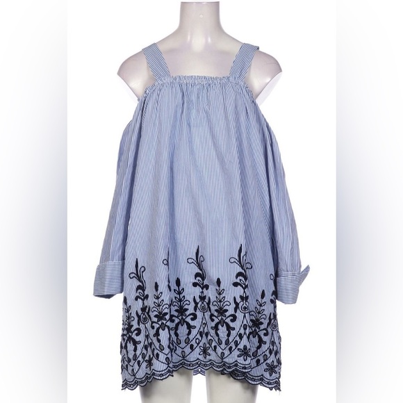 Zara Striped Floral Embroidered Shirt Mini Dress Long Sleeve Eyelets Victorian - Picture 4 of 13